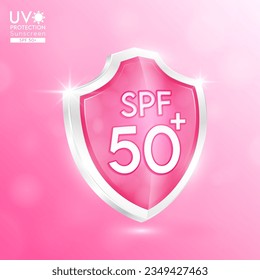 Sun protection factor SPF 50 pink glass shield. UV protection. Reflect light force field prevents of sunlight. For products design sunscreen ultraviolet UVB or cream skin care. Icon 3D vector.