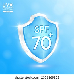 Sun protection factor SPF 70 blue glass shield. UV protection. Reflect light force field prevents of sunlight. For products design sunscreen ultraviolet UVB or cream skin care. Icon 3D vector.