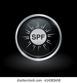 Sun protection factor symbol with SPF sunblock icon inside round chrome silver and black button emblem on black background. Vector illustration.