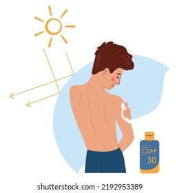 Sun protection flat background composition of young man character applying cream and sun with reflecting arrows vector illustration