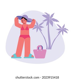 Sun protection flat composition with woman in hat with palm silhouette and basket vector illustration