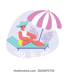 Sun protection flat composition with woman sitting on lounge chair under sun umbrella vector illustration