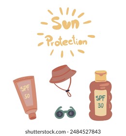 Sun protection flat design set with creams sun hat and sun glasses