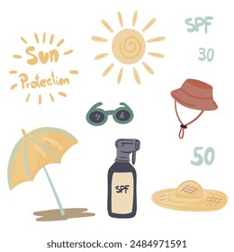 Sun protection flat design set 