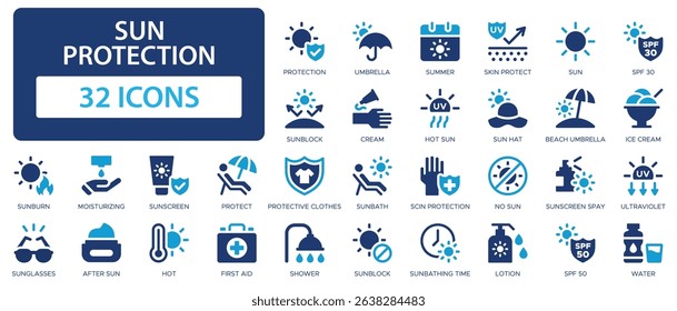 Sun protection flat icons collection. SPF, umbrella, sunglasses, sun hat, sunscreen, summer sign set.