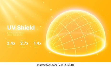 Sun Protection Futuristic Glowing Shield. 3D Sphere Bubble Shield from Ultraviolet Light. Game Hi Tech Dome. Solar Protection Screen. UV Radiation Safety Concept. Summer Vector Illustration.