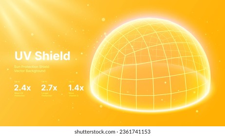 Sun Protection Futuristic Glowing Shield. 3D Sphere Bubble Shield from Ultraviolet Light. Game Hi Tech Dome. Solar Protection Screen. UV Radiation Safety Concept. Summer Vector Illustration.