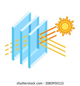 Sun protection with glass layers. Cross section double glazed window. Infographics showing properties.