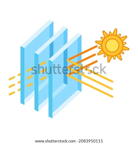 Sun protection with glass layers. Cross section double glazed window. Infographics showing properties.