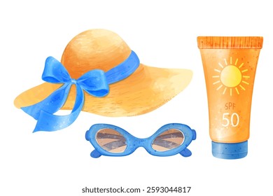 Sun protection. Hat, sunglasses, sunscreen. Vector watercolor illustration