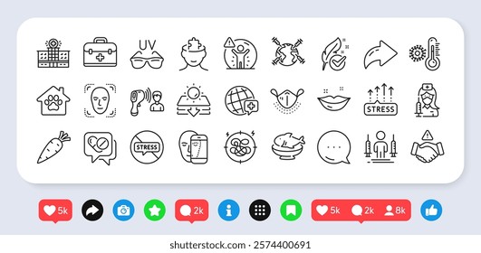 Sun protection, Hospital building and Medical drugs line icons pack. Social media: share, comment, like icons. Coronavirus injections, Carrot, Lips web icon. Vector