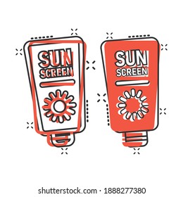 Sun protection icon in comic style. Sunblock cream cartoon vector illustration on white isolated background. Spf care splash effect business concept.