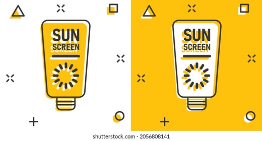 Sun protection icon in comic style. Sunblock cream cartoon vector illustration on white isolated background. Spf care splash effect business concept.