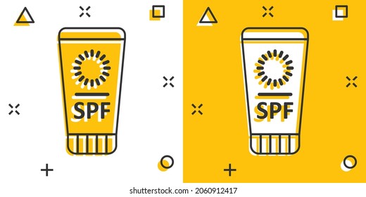 Sun protection icon in comic style. Sunblock cream cartoon vector illustration on white isolated background. Spf care splash effect business concept.