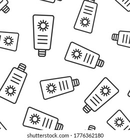 Sun protection icon in flat style. Sunblock cream vector illustration on white isolated background. Spf care seamless pattern business concept.