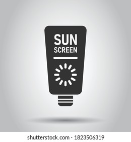 Sun protection icon in flat style. Sunblock cream vector illustration on white isolated background. Spf care business concept.