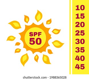 Sun protection icon isolated on white background. Sun design with SPF50 label and set of numbers. UV protection sign for sunscreen and tan products or skin cosmetics.
