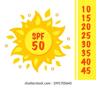 Sun protection icon isolated on white background. Sun design with SPF50 label and set of numbers. UV protection sign for sunscreen and tan products or skin cosmetics.