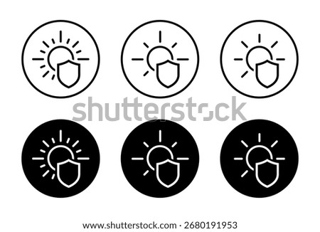 Sun protection icon set in black circle. UV shield and sunscreen safety symbol