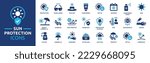 Sun protection icon set. Containing sunglasses, sunscreen, sunblock, beach umbrella and more solid icons. Summer element vector illustration.
