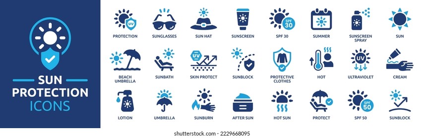 Sun protection icon set. Containing sunglasses, sunscreen, sunblock, beach umbrella and more solid icons. Summer element vector illustration. - Shutterstock ID 2229668095
