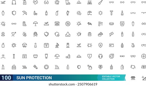 Sun protection icon set. Containing sunglasses, sunscreen, sunblock, beach umbrella and more solid icons. Collection and pack of linear web and ui icons. Editable stroke. Vector illustration.