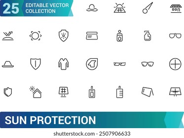 Sun protection icon set. Containing sunglasses, sunscreen, sunblock, beach umbrella and more solid icons. Collection and pack of linear web and ui icons. Editable stroke. Vector illustration.