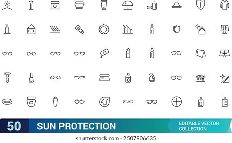 Sun protection icon set. Containing sunglasses, sunscreen, sunblock, beach umbrella and more solid icons. Collection and pack of linear web and ui icons. Editable stroke. Vector illustration.