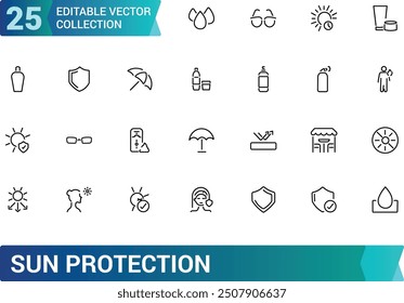 Conjunto de iconos de protección solar. Contiene gafas de sol, protector solar, bloqueador solar, sombrilla de playa e iconos más sólidos. Colección y paquete de iconos lineales de Web y UI. Trazo editable. Ilustración vectorial.