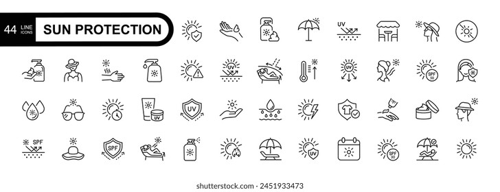 Sun protection icon set. Contains icons sunscreen, ultraviolet, sunglasses, SPF protection, umbrella, sunburn, sun hat, beach lounger and more. Editable stroke.