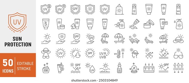 Sun protection icon set. Contains icons sunscreen, ultraviolet, sunglasses, SPF protection, umbrella, sunburn, sun hat and more. Vector illustration.