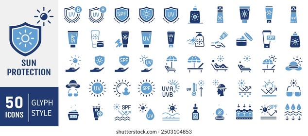 Sun protection icon set. Contains icons sunscreen, ultraviolet, sunglasses, SPF protection, umbrella, sunburn, sun hat and more. Solid icons vector collection