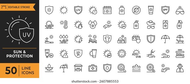 Sun and Protection icon set. Contains icons sunscreen, ultraviolet, sunglasses, SPF protection, umbrella, sunburn, sun hat and more. editable stroke. vector illustration
