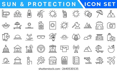 Sun And Protection icon set. Contains icons sunscreen, ultraviolet, sunglasses, SPF protection, umbrella, sunburn, sun hat and more. editable stroke. vector illustration 