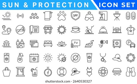 Sun And Protection icon set. Contains icons sunscreen, ultraviolet, sunglasses, SPF protection, umbrella, sunburn, sun hat and more. editable stroke. vector illustration 
