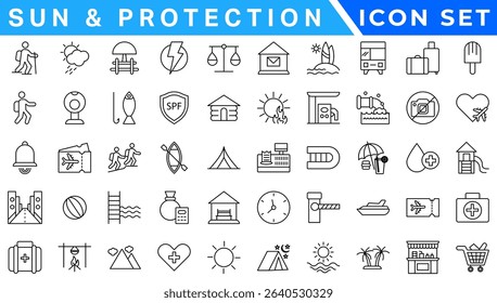 Sun And Protection icon set. Contains icons sunscreen, ultraviolet, sunglasses, SPF protection, umbrella, sunburn, sun hat and more. editable stroke. vector illustration 