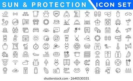 Sun And Protection icon set. Contains icons sunscreen, ultraviolet, sunglasses, SPF protection, umbrella, sunburn, sun hat and more. editable stroke. vector illustration 