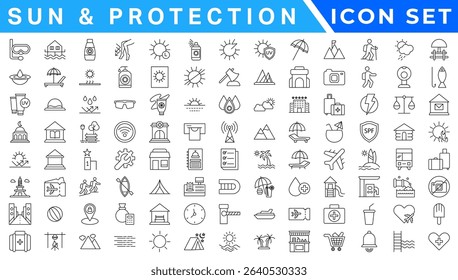 Sun And Protection icon set. Contains icons sunscreen, ultraviolet, sunglasses, SPF protection, umbrella, sunburn, sun hat and more. editable stroke. vector illustration 