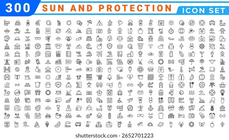 Sun and Protection icon set. Contains icons sunscreen, ultraviolet, sunglasses, SPF protection, umbrella, sunburn, sun hat and more. editable stroke. vector illustration 