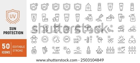 Sun protection icon set. Contains icons sunscreen, ultraviolet, sunglasses, SPF protection, umbrella, sunburn, sun hat and more. Vector illustration.