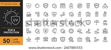 Sun and Protection icon set. Contains icons sunscreen, ultraviolet, sunglasses, SPF protection, umbrella, sunburn, sun hat and more. editable stroke. vector illustration