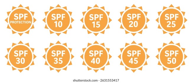 Sun protection icon set illustrating SPF 10+ to 50+ creams, lotion, oil, sprays. Skincare and ultraviolet ray safety symbols for beach health and summer care. Vector SPF levels icons
