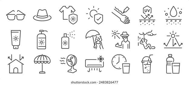 Sun protection icon set. It includes hydrate, sunscreens, umbrellas, water, sun rays, and more icons. Editable Vector Stroke.