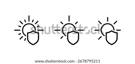 Sun protection icon set in outline style. UV shield and sunscreen safety symbol
