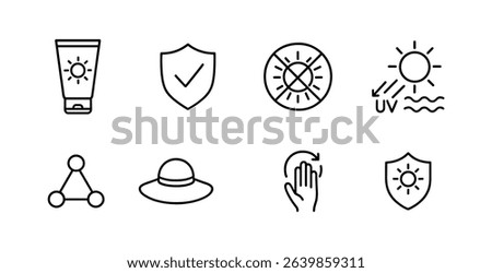 Sun protection icon set. safety and skincare outline icons for summer essentials