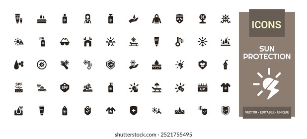 Sun protection icon set. Sunscreen, sun block, beach umbrella and more solid icons. Filled icon set. Glyph icon set for web and ui. Vector illustration.