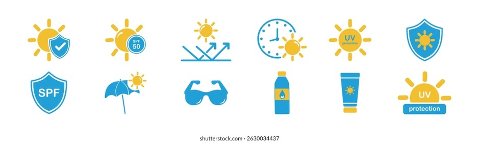Sun protection icon set. Sunscreen, sun block, beach umbrella and more solid icons. Summer element vector illustration.