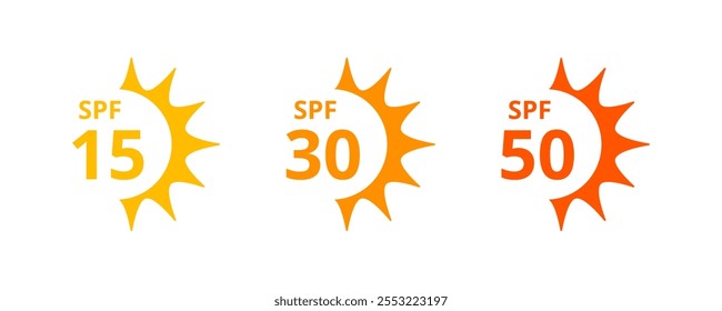 Conjunto de iconos de protección solar. Índice UV SPF 50 SPF 30 15 Ilustración vectorial