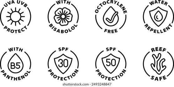 sun protection icon set uva uvb spf black outline icon round rounded circle badge stamp label isolated on transparent background