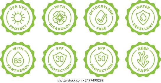 sun protection icon set uva uvb spf black outline icon round rounded circle badge stamp label isolated on transparent background, green stamp set, icon set